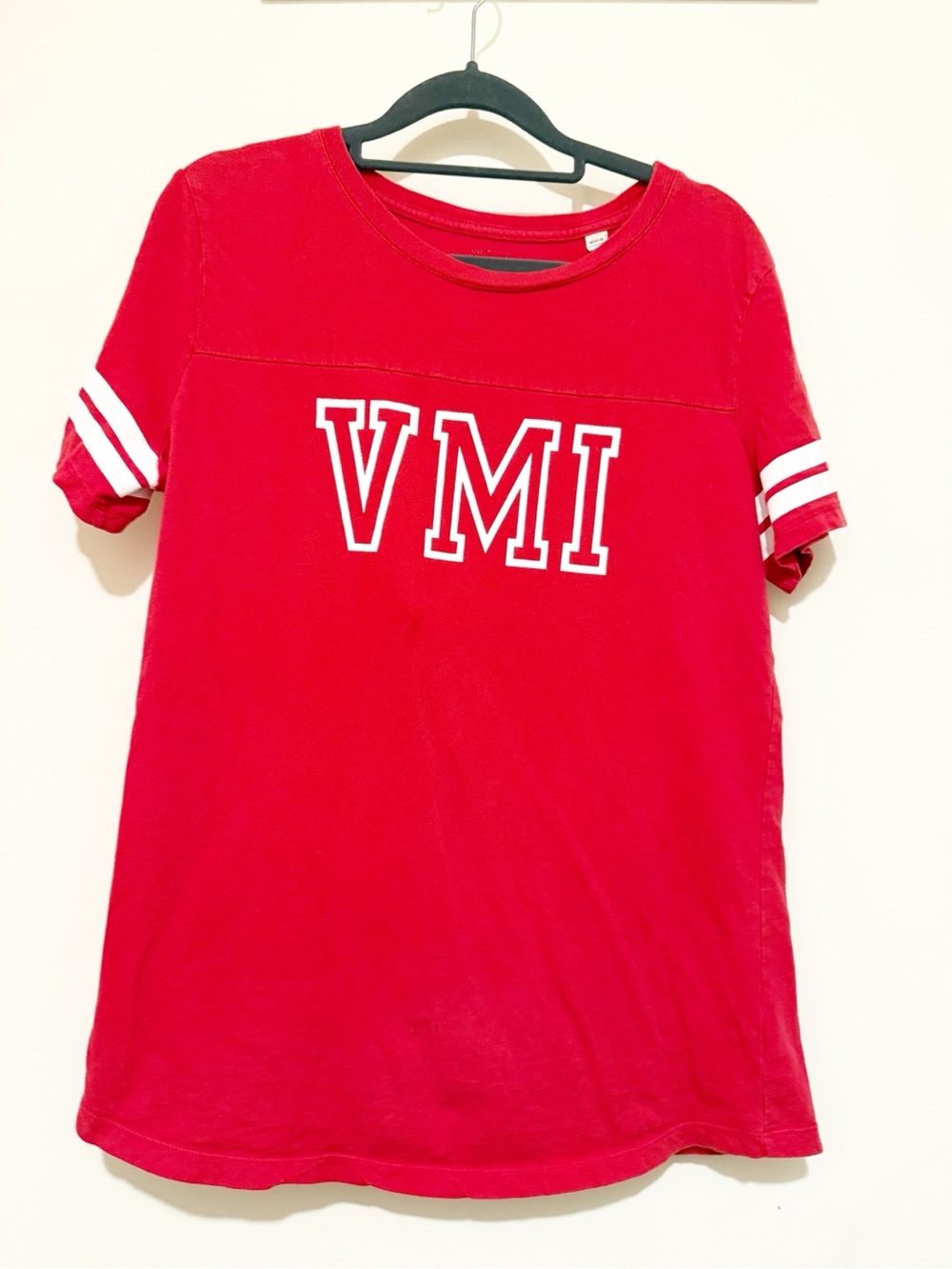 Vintage Red VMI Short-Sleeve Tee with White Sleeve Stripes